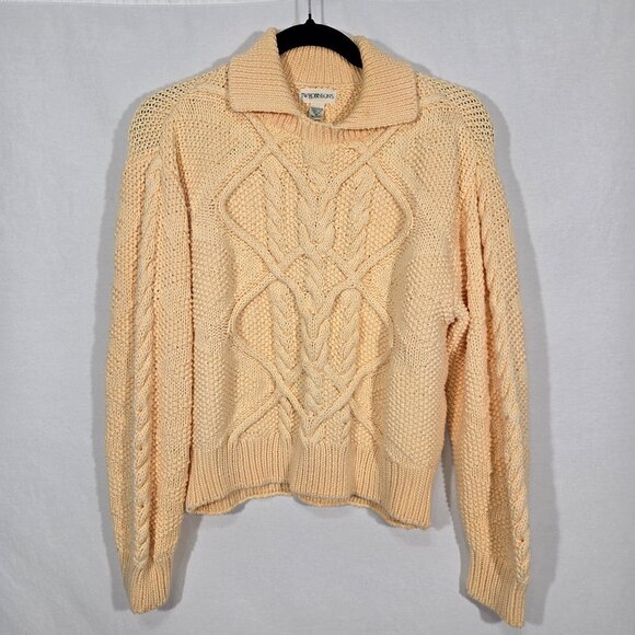 Vintage J.W. ROBINSON'S 90s Sweaters - Vintage JW ROBINSON'S 90 Yellow Cotton Chunky Cable Knit Fisherman Sweater SizeM